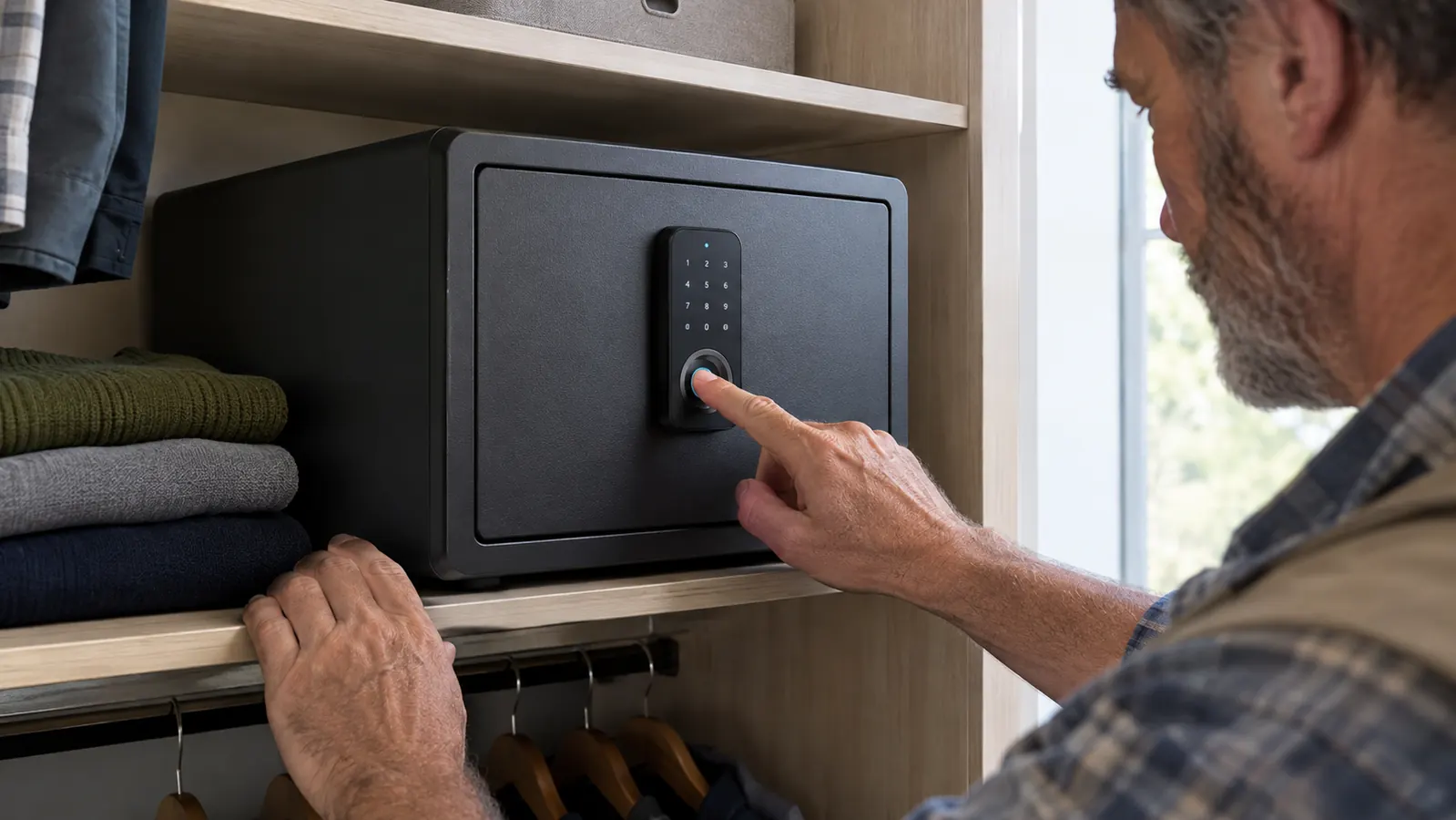 A finger pressing the fingerprint sensor on the front of a safe on a closet shelf