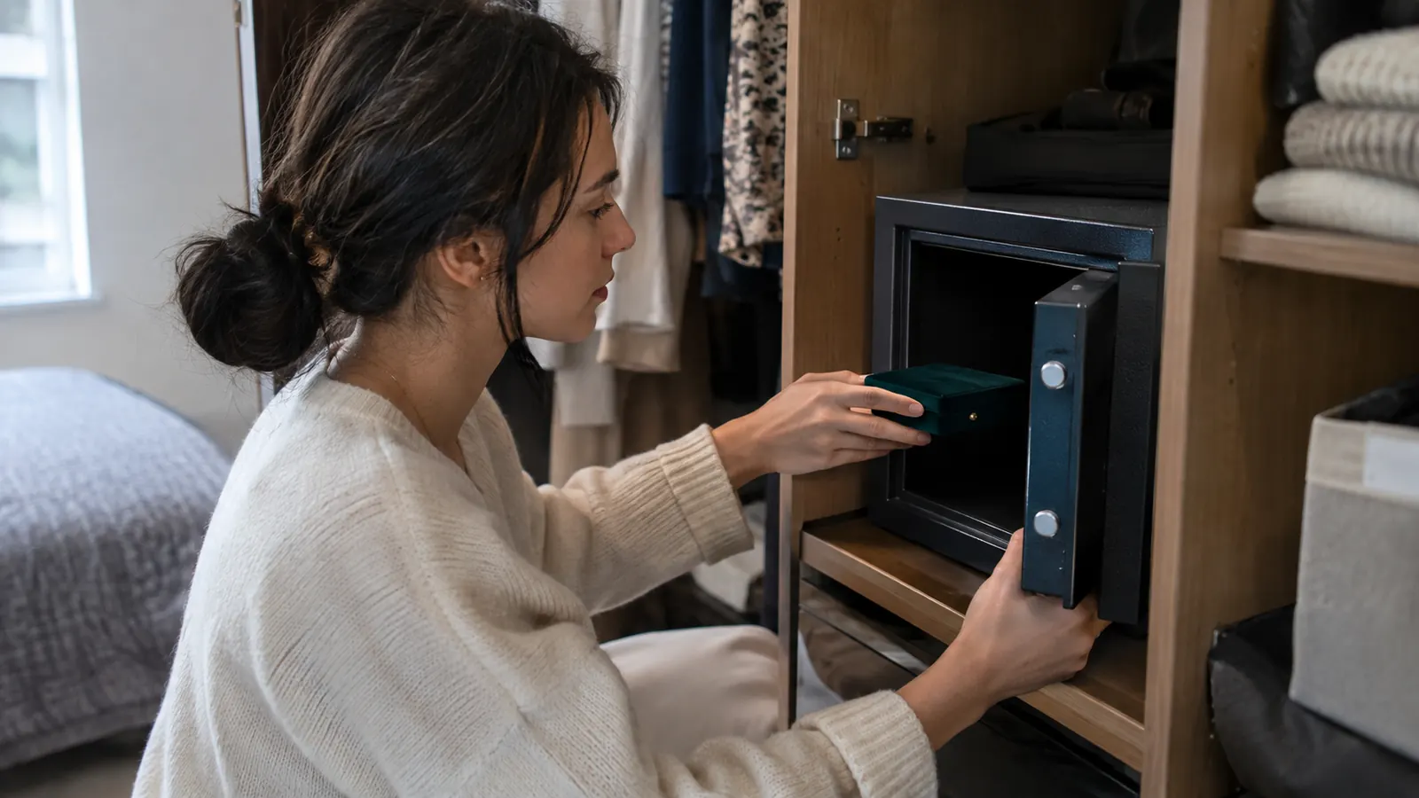 A woman opening a safe on a closet shelf to place a small jewelry box inside