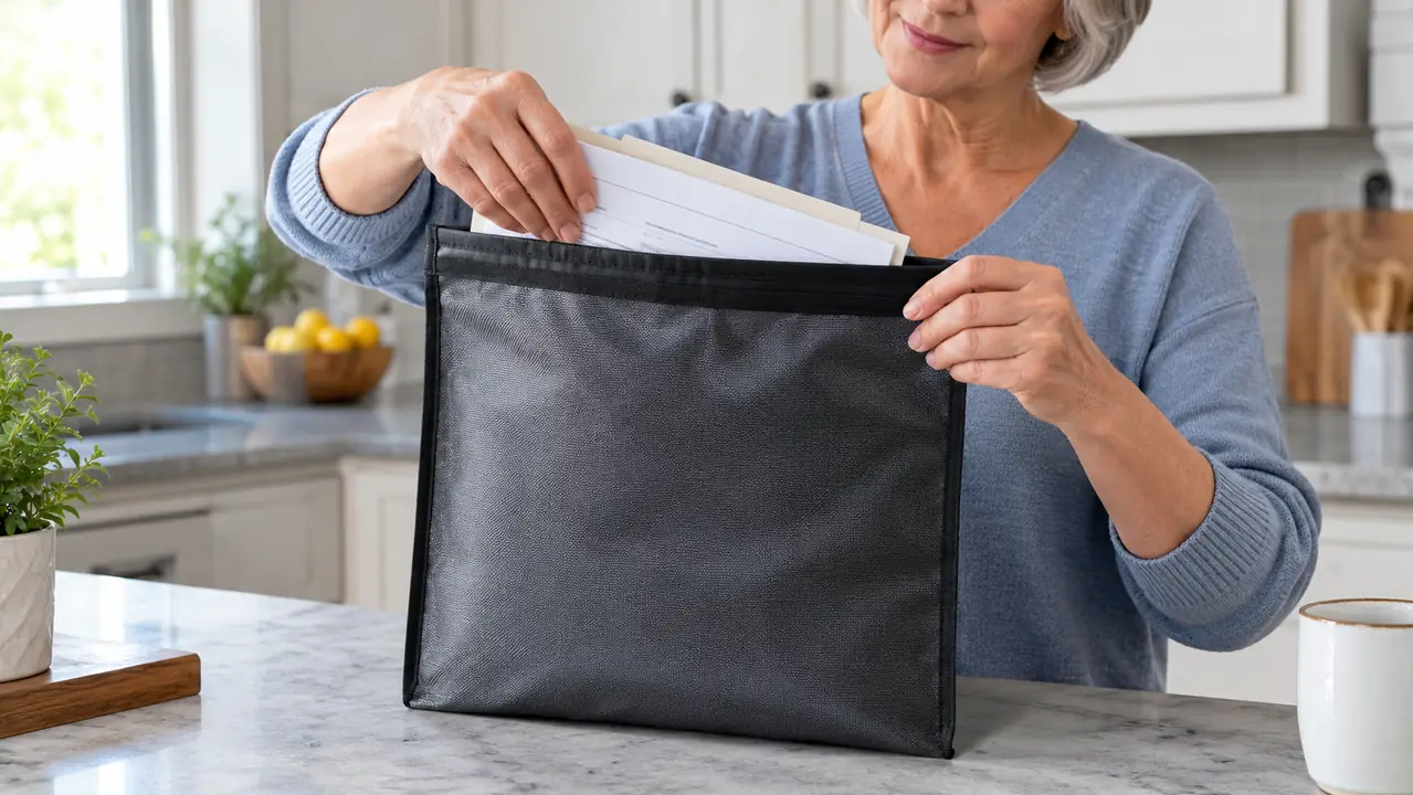 A woman's hands placing papers into a fireproof document bag on a kitchen counter