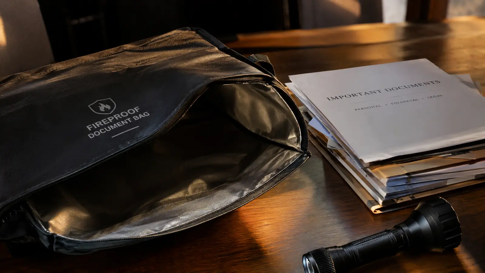 A fireproof document bag lying open on a table beside a stack of important papers and a flashlight