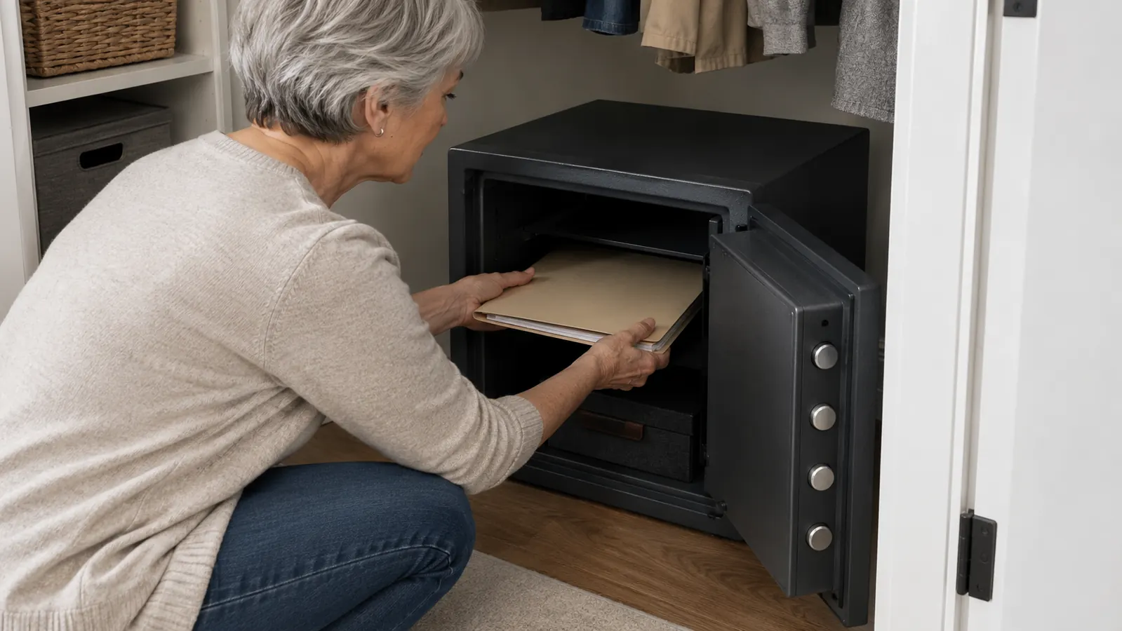 A woman placing a folder of documents into an open fireproof safe on the floor of a closet.