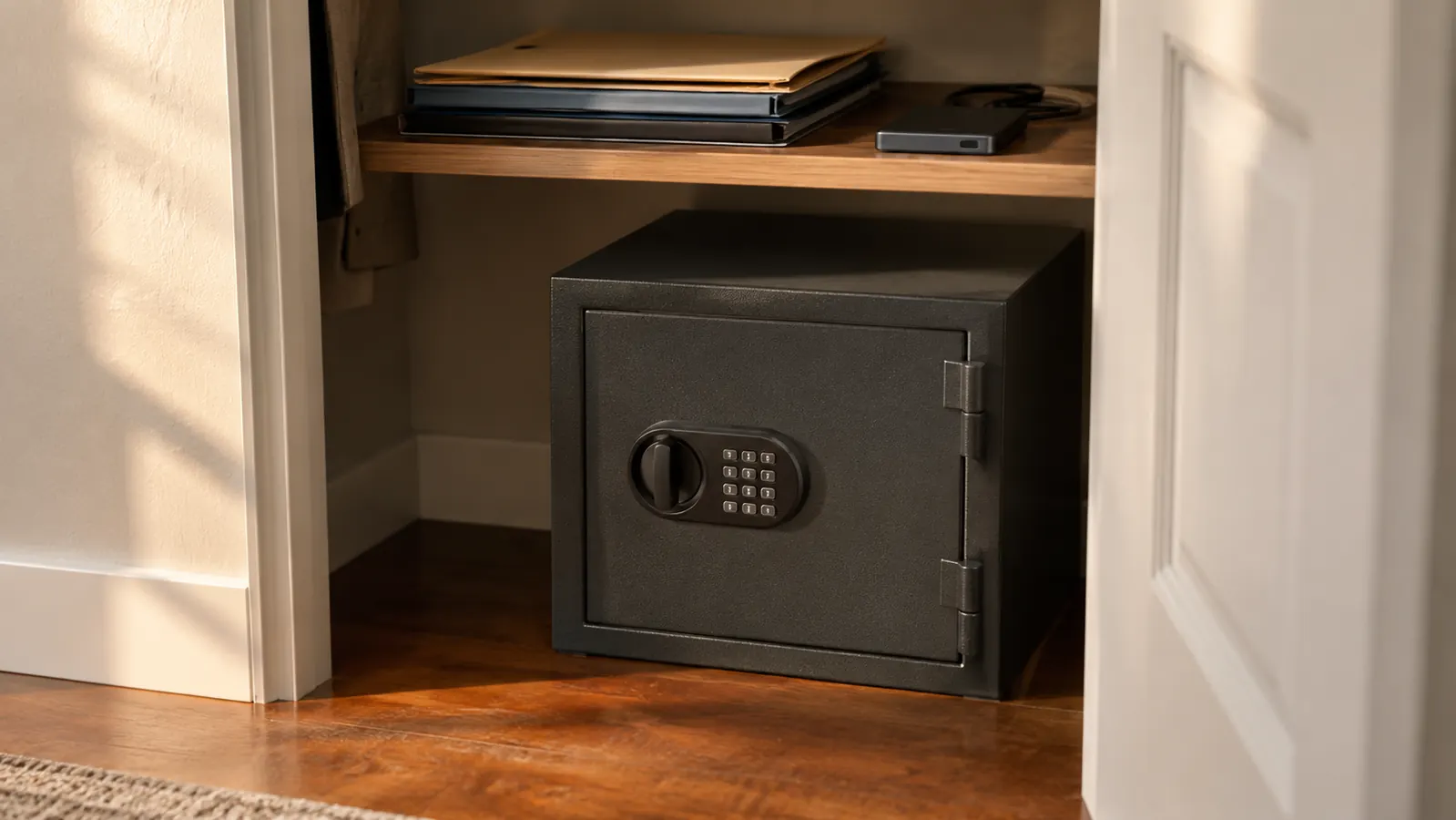 A closed fireproof safe on the floor of a hall closet with a stack of document folders on the shelf above.