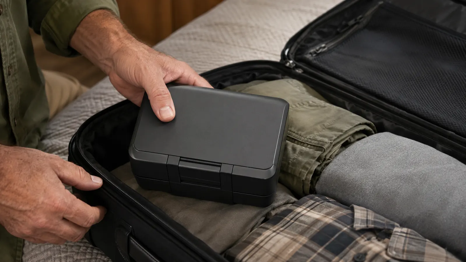 A hand tucking a small travel safe with a cable into a suitcase beside folded clothes
