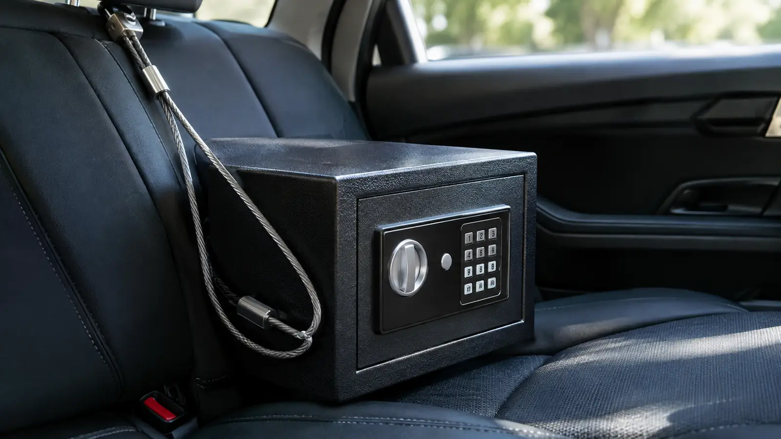 A small travel safe with a steel cable looped around a seat frame in the back seat of a car