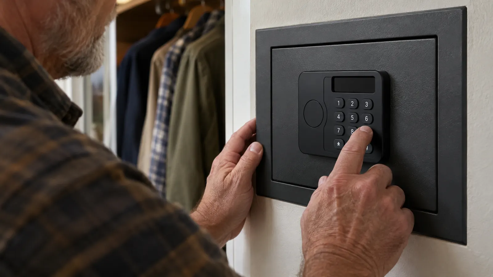 A hand enters a code on the keypad of a wall safe mounted between studs in a closet