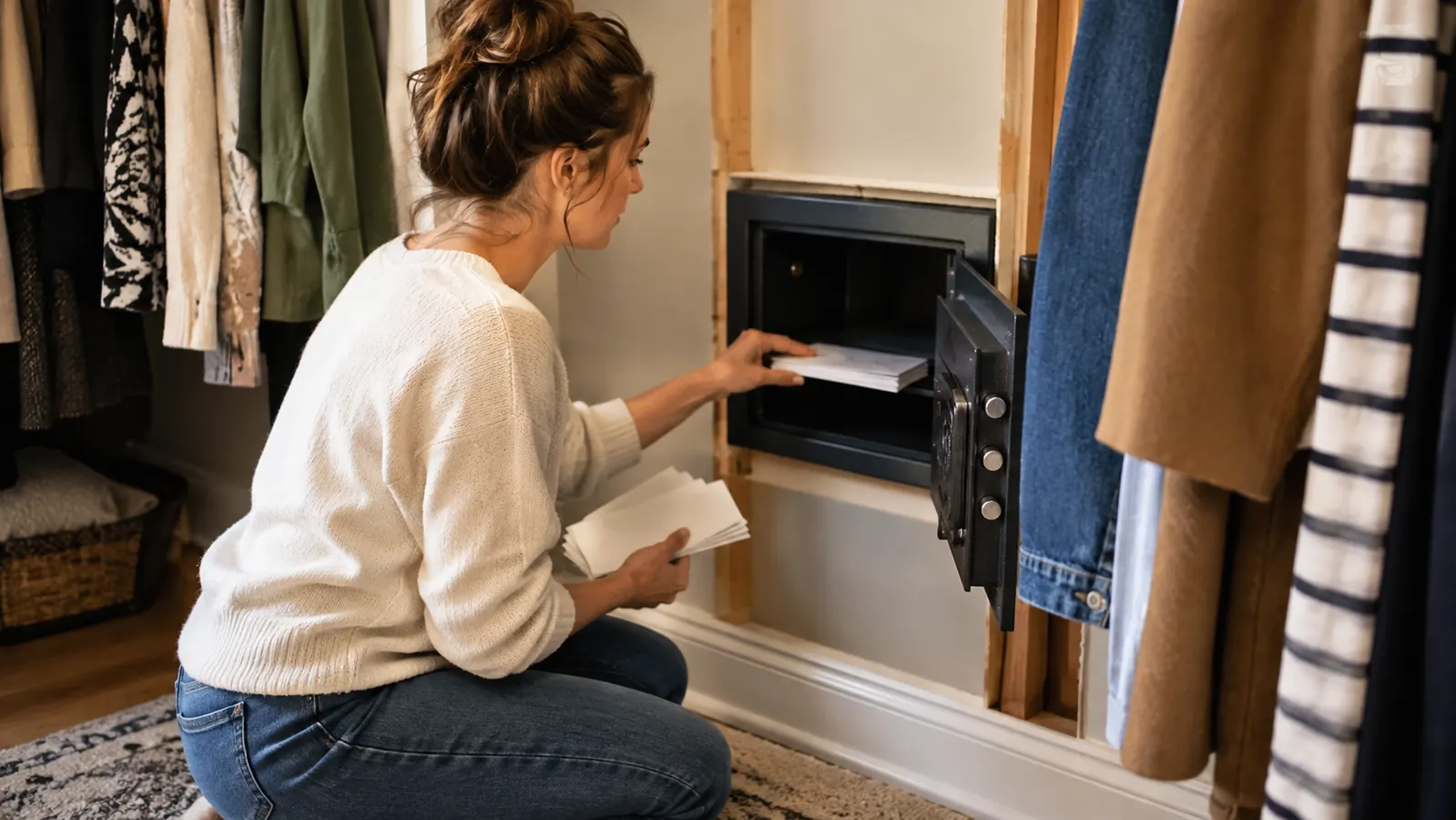 A woman kneeling in a closet places a small stack of envelopes into an open wall safe