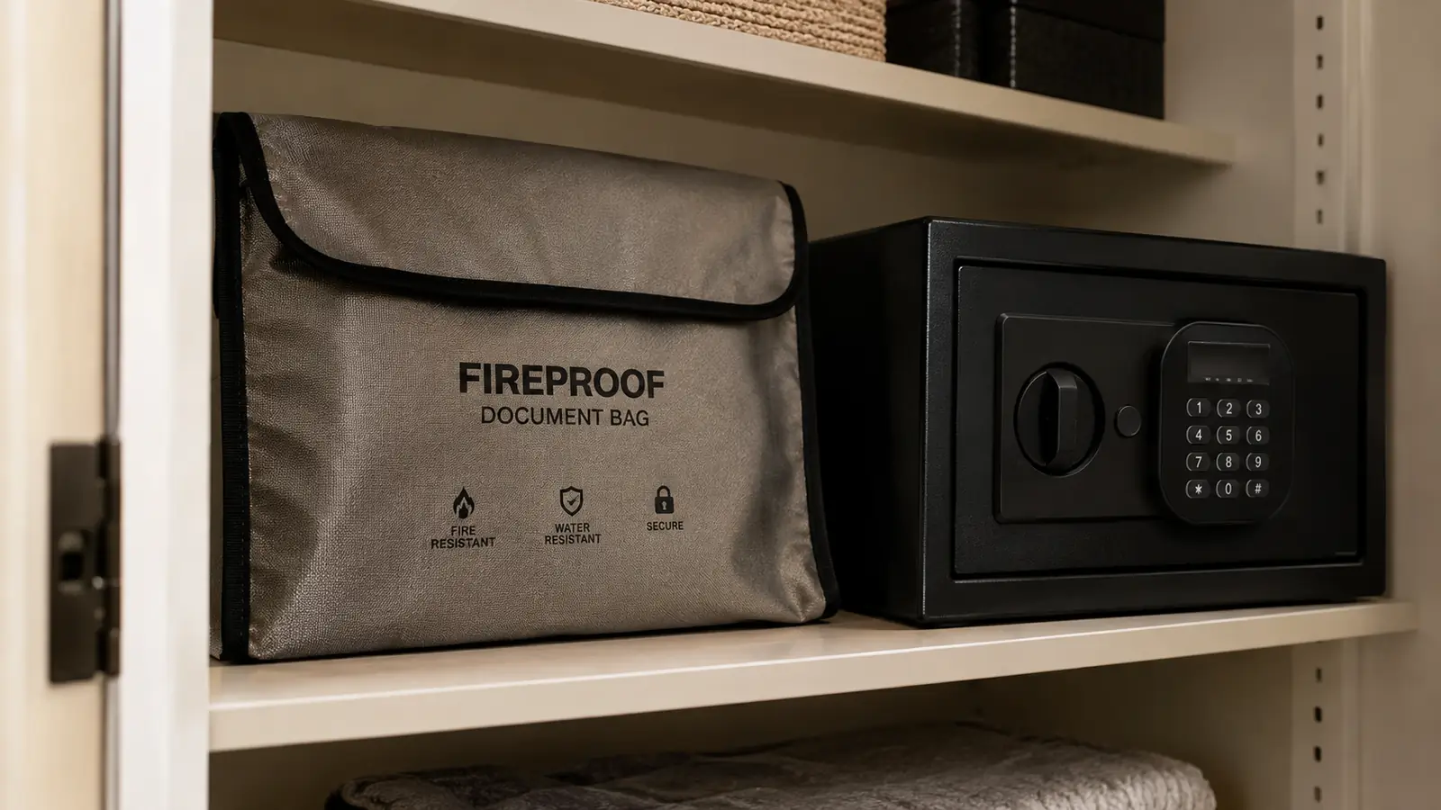 The fireproof document bag resting on a shelf beside a digital keypad safe in a hall closet