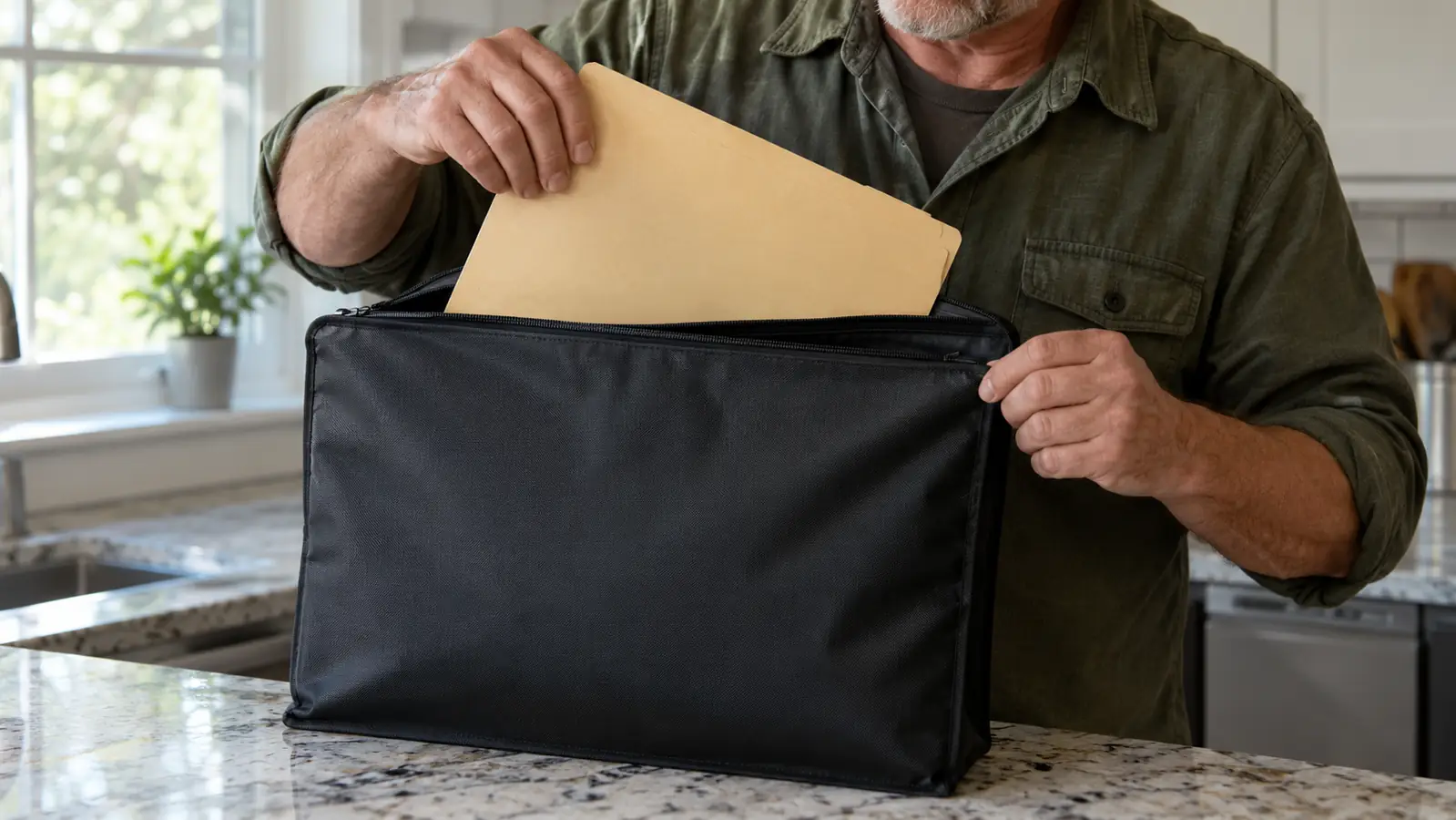 A person placing a folder of documents into an open fireproof document bag on a kitchen counter