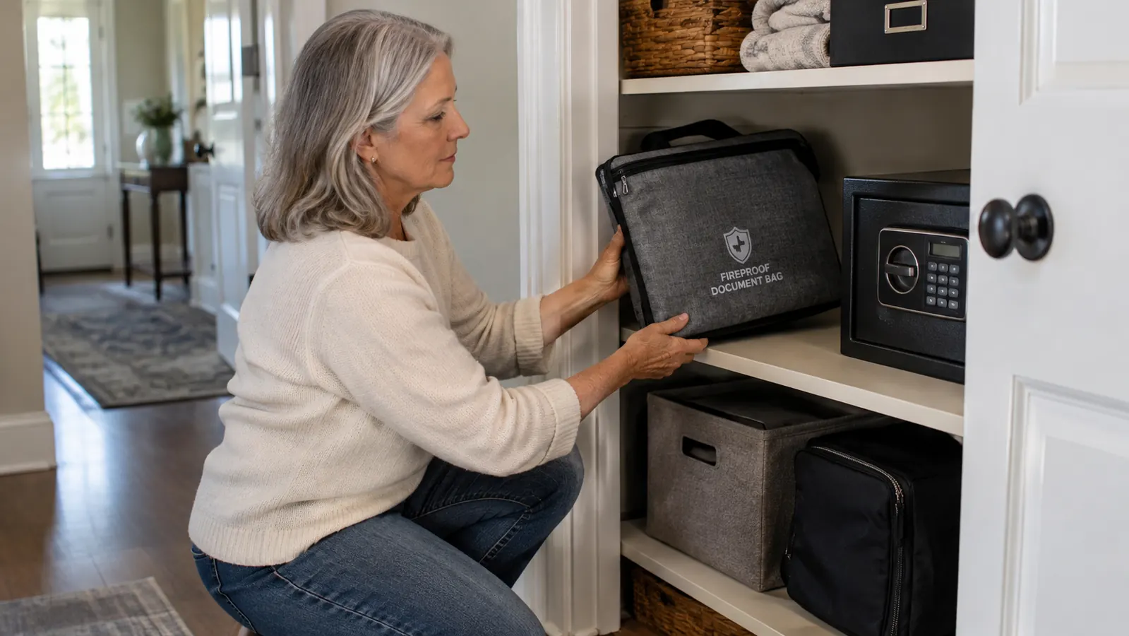 A woman kneeling in a hallway closet, lifting a fireproof document bag off a shelf beside a safe