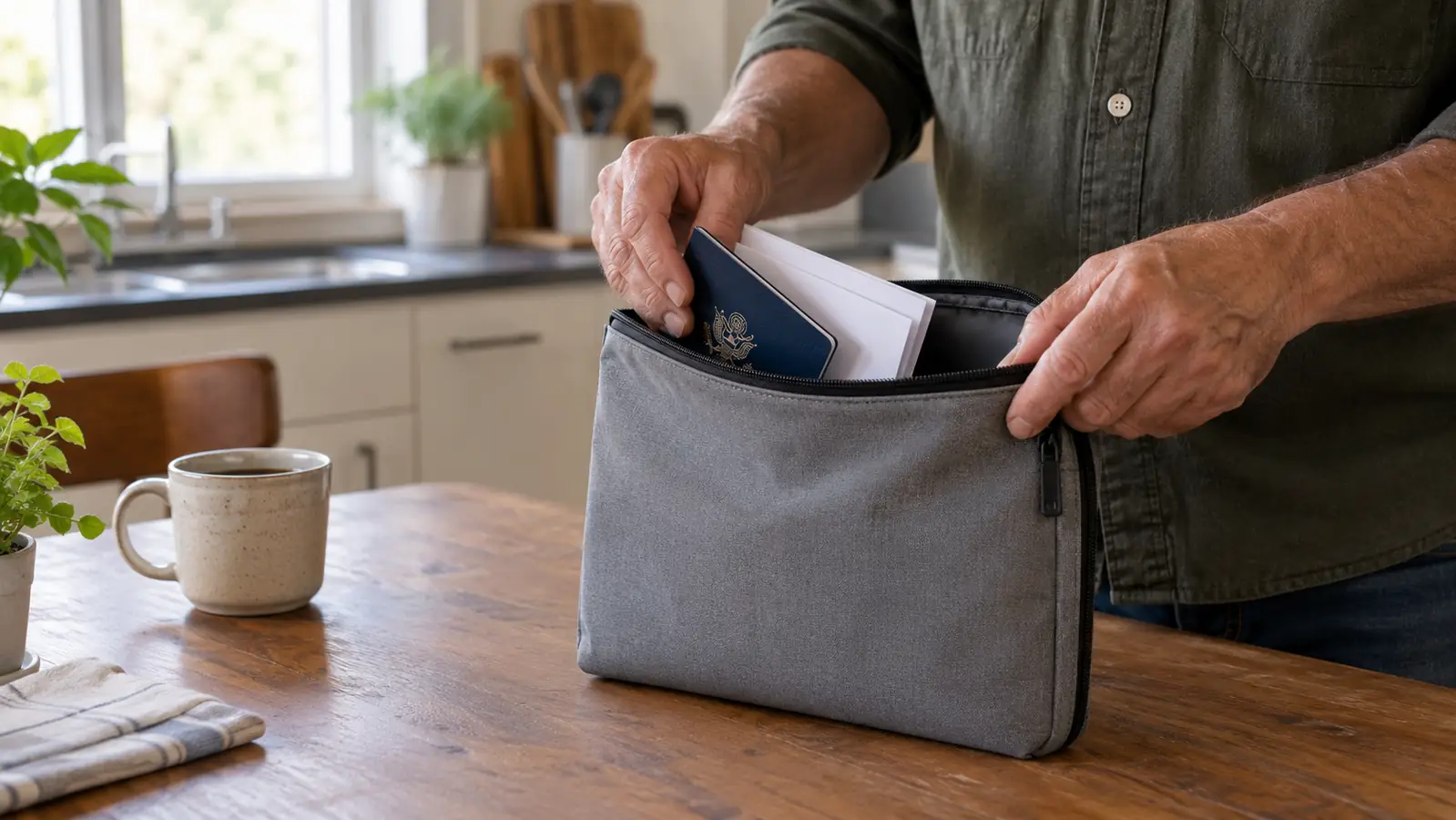 A person placing a passport and folded papers into an open fireproof document bag on a kitchen table