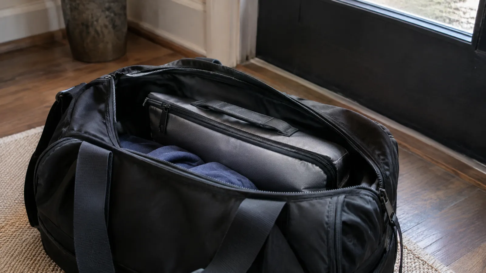 A fireproof document bag tucked inside a larger open go bag near a front door