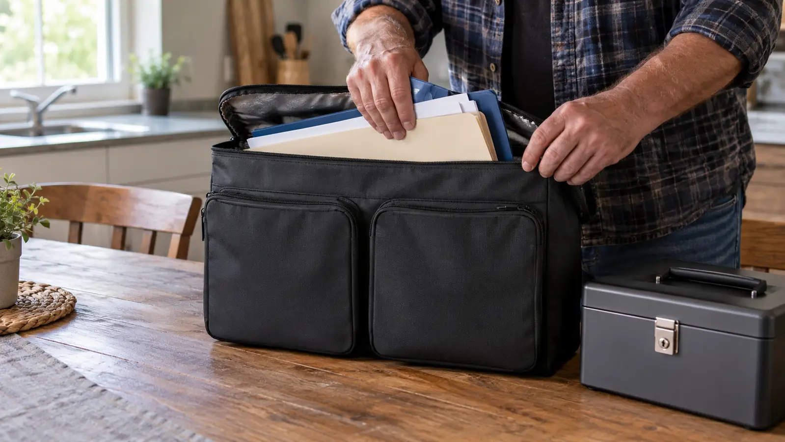 Hands placing folders and documents into the open fireproof document bag on a kitchen table while a metal lockbox sits closed nearby