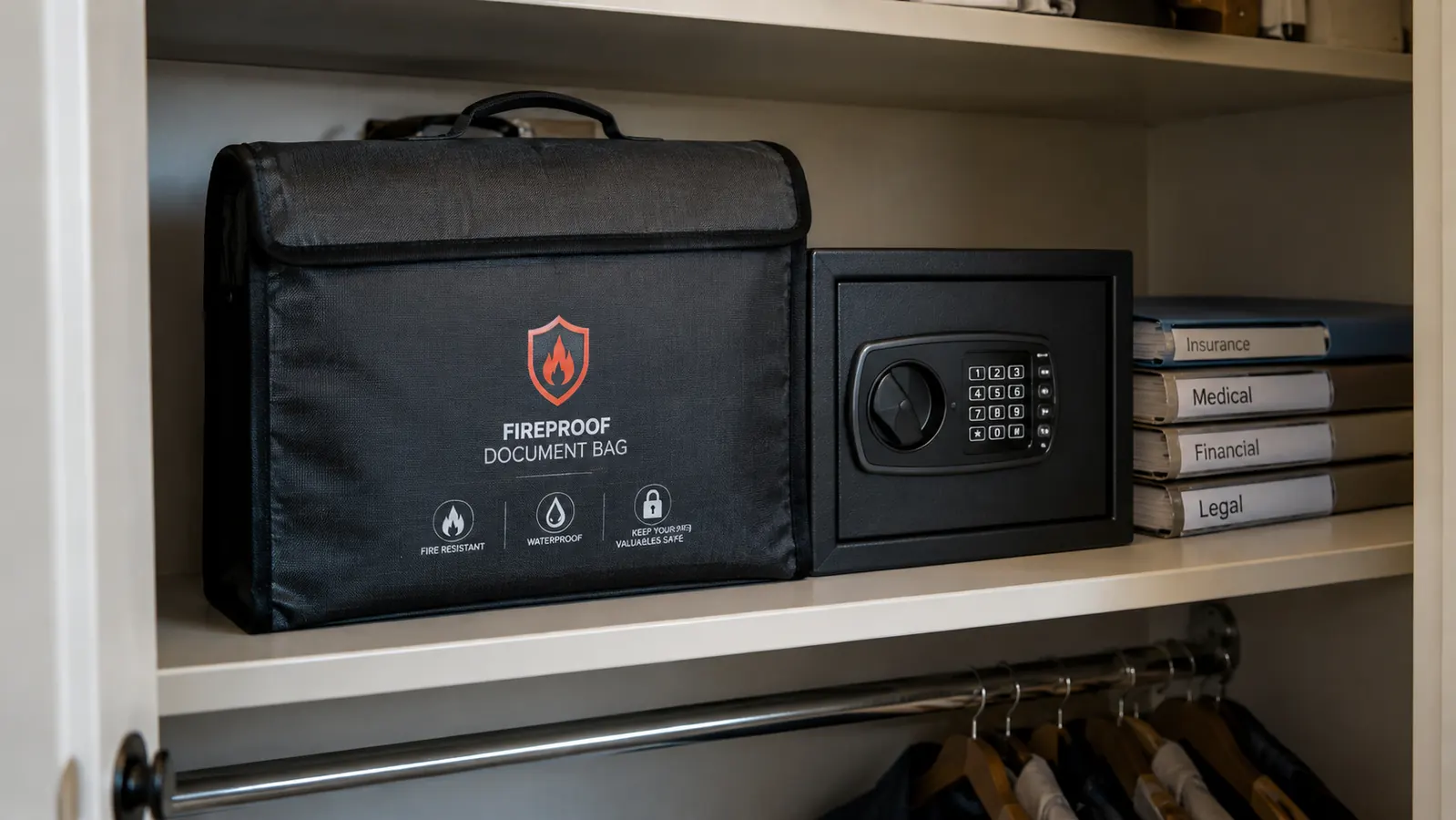 A fireproof document bag resting on a shelf inside a hall closet beside a small digital keypad safe