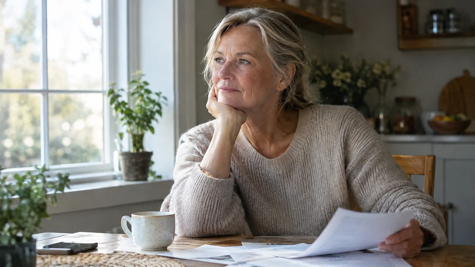 A woman sitting at a kitchen table with a cup of coffee and a few papers, morning light through a window.