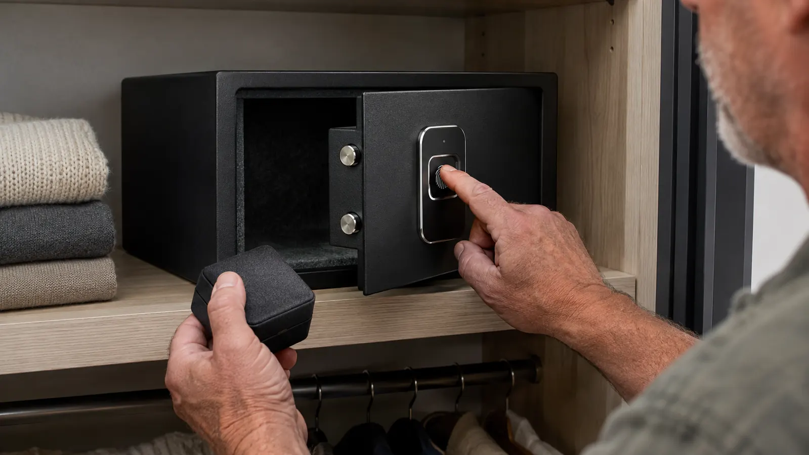 A hand pressing a finger on the safe's fingerprint reader while the safe sits on a closet shelf