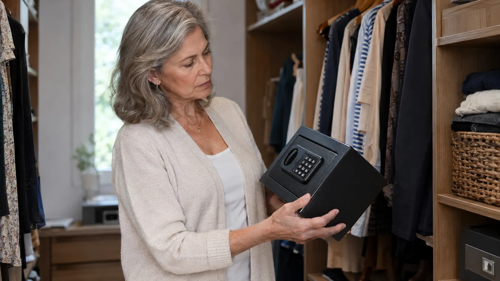A woman holding a small safe in a bedroom closet, looking at it