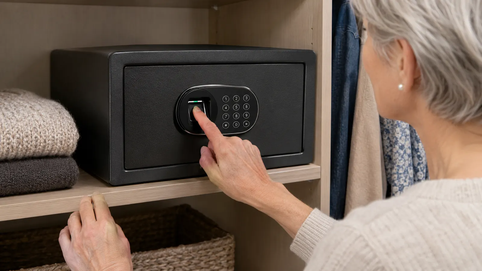 A woman's hand pressing a finger to the fingerprint pad on a small safe that sits on a closet shelf