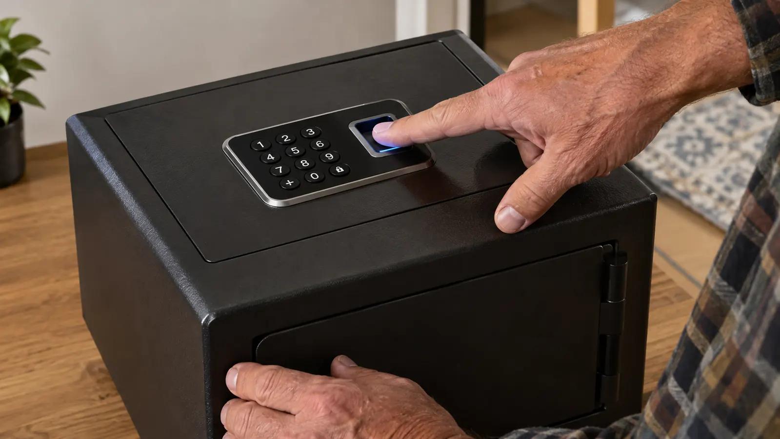 A hand pressing a fingerprint against the reader on top of a small safe