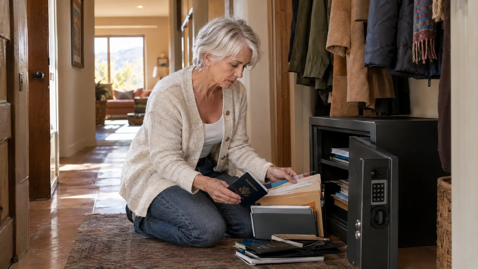 A woman kneeling at an open fireproof safe on a closet floor, sorting important papers into folders