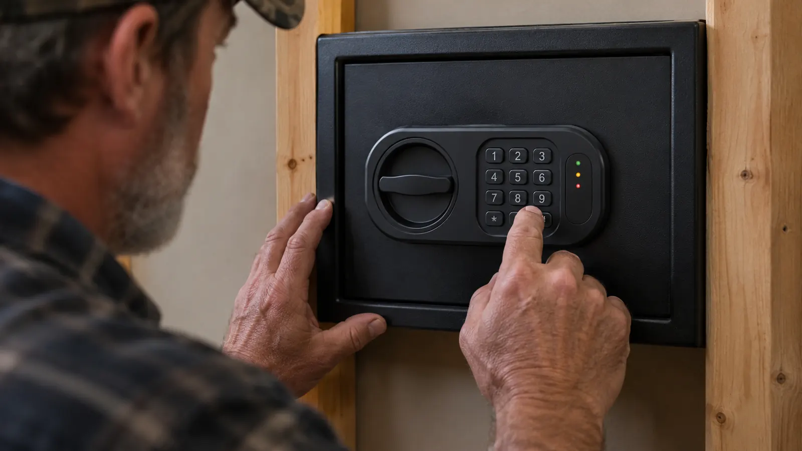 A close-up of hands entering a code on the keypad of a wall safe mounted between wall studs