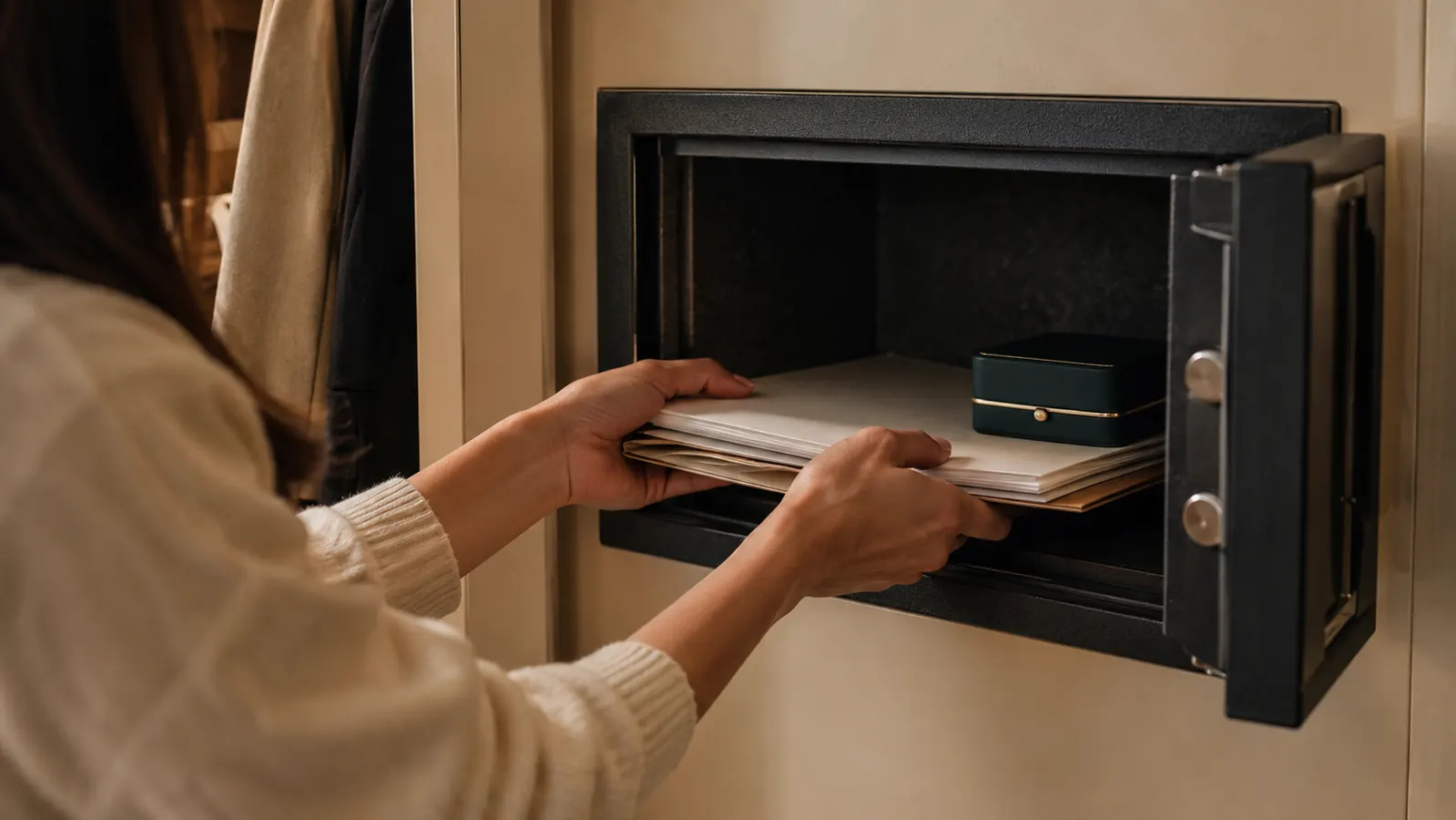 A hand placing a stack of documents and a small jewelry box inside an open wall safe