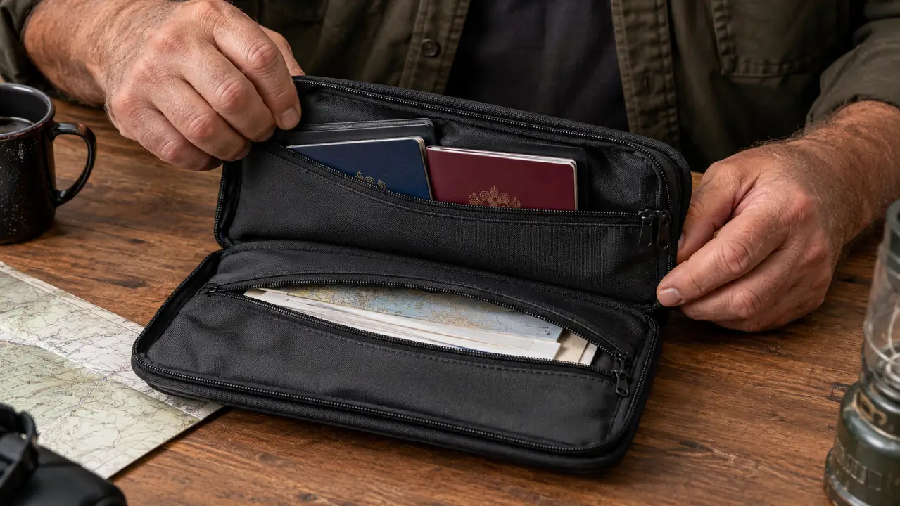 Close-up of the fireproof document bag with two zippered pockets, one holding passports and one holding folded papers