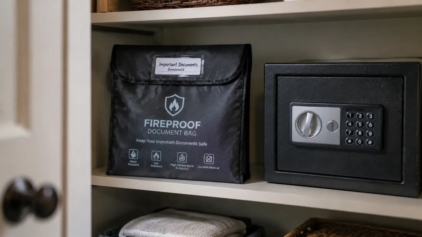 A labeled document bag on a shelf beside a closet safe