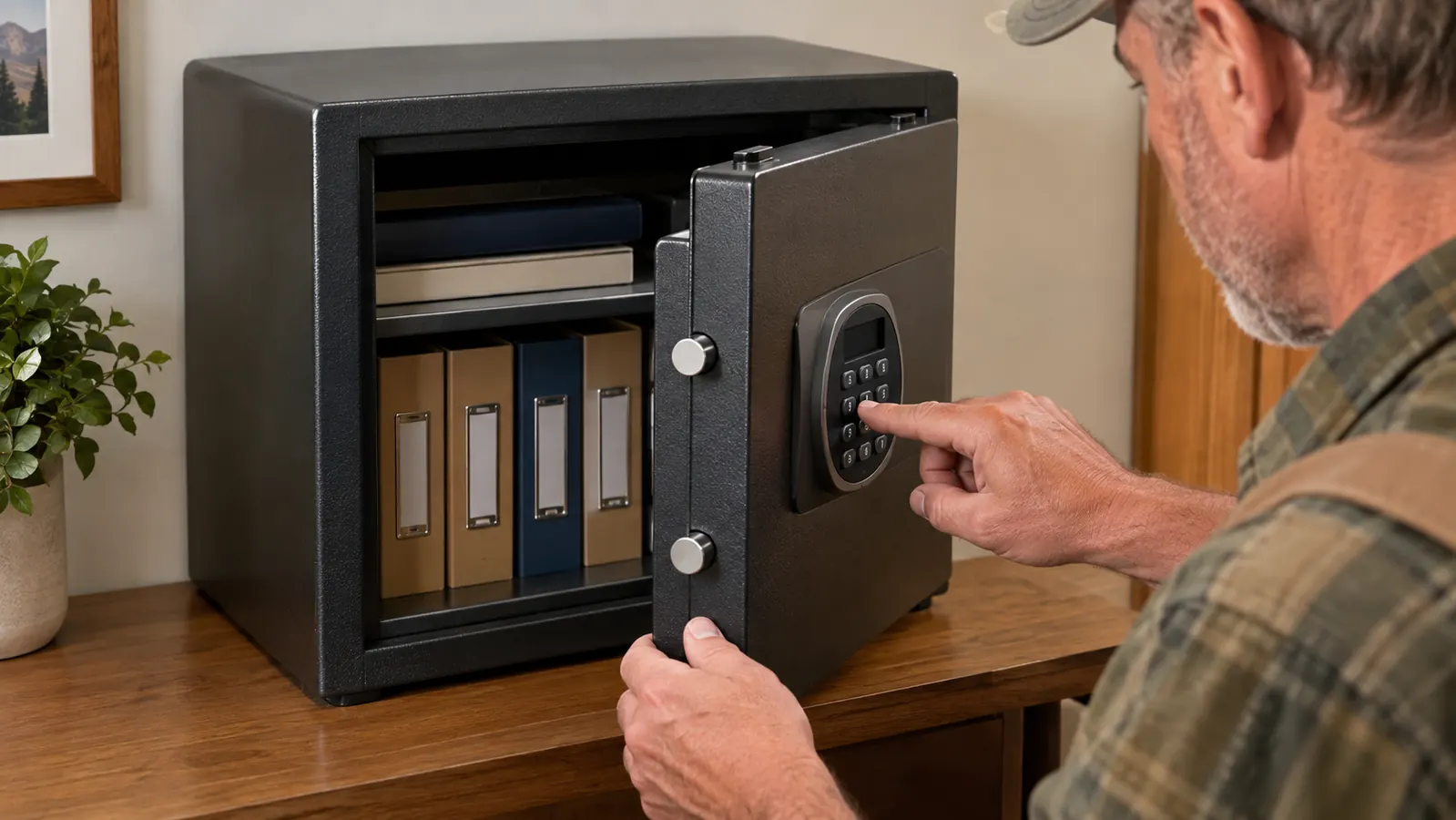 A hand entering a code on the digital keypad of an open fireproof safe with folders of documents inside