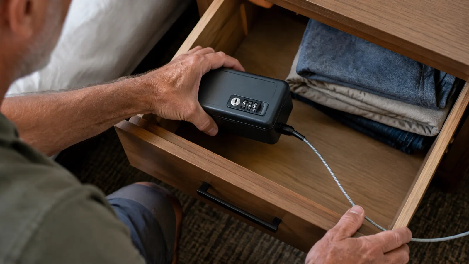 A hand reaching into a hotel room drawer to place a small lockbox beside folded clothes