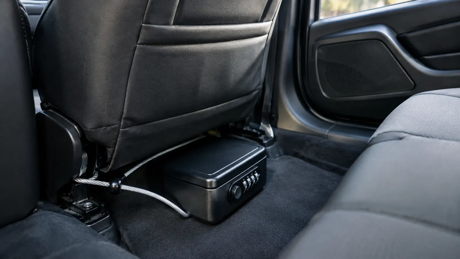 A small combination lockbox on the floor of a car behind the driver seat with the cable looped around the seat frame