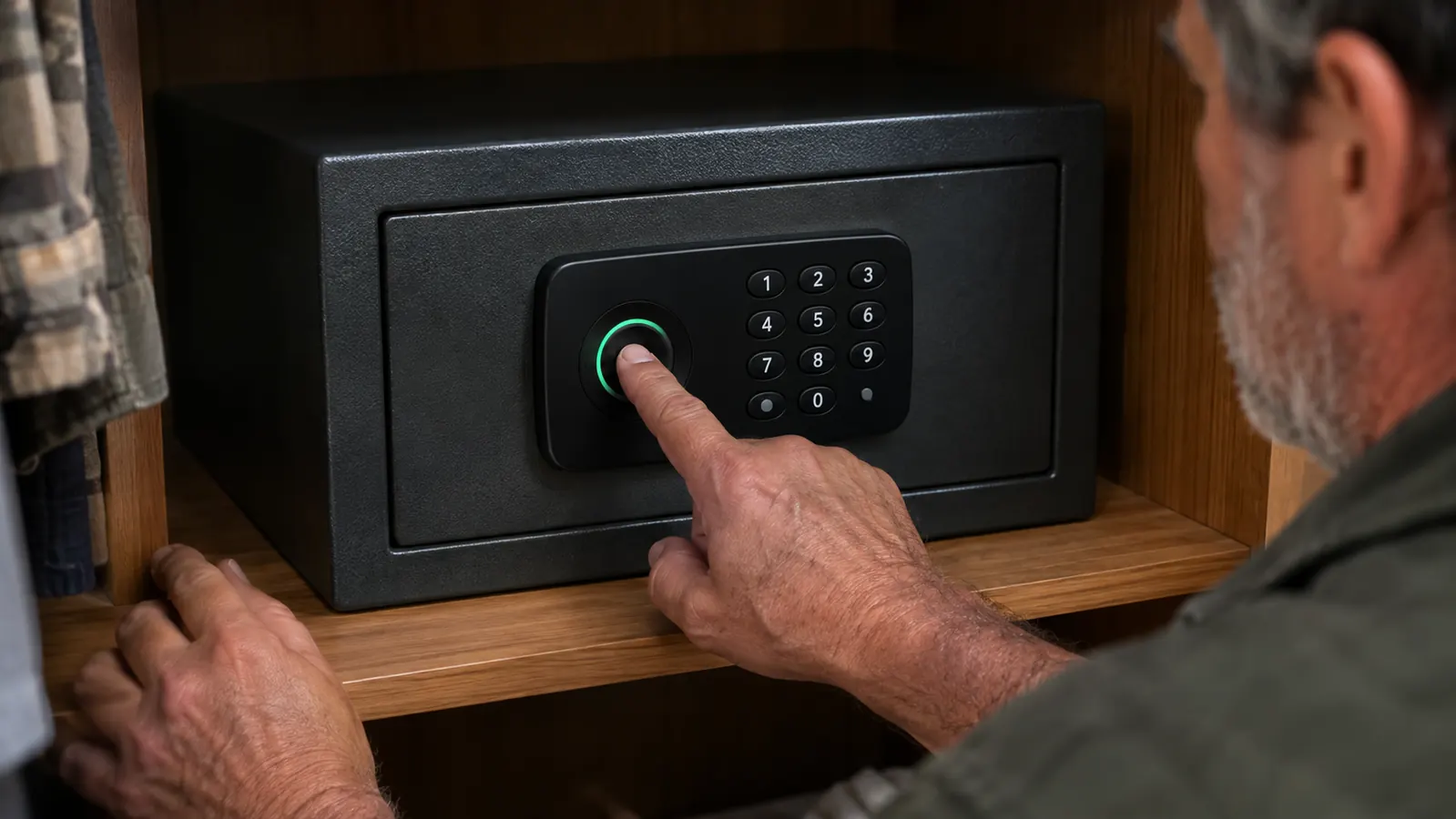 A hand pressing a fingertip to the fingerprint reader on a small safe sitting on a closet shelf