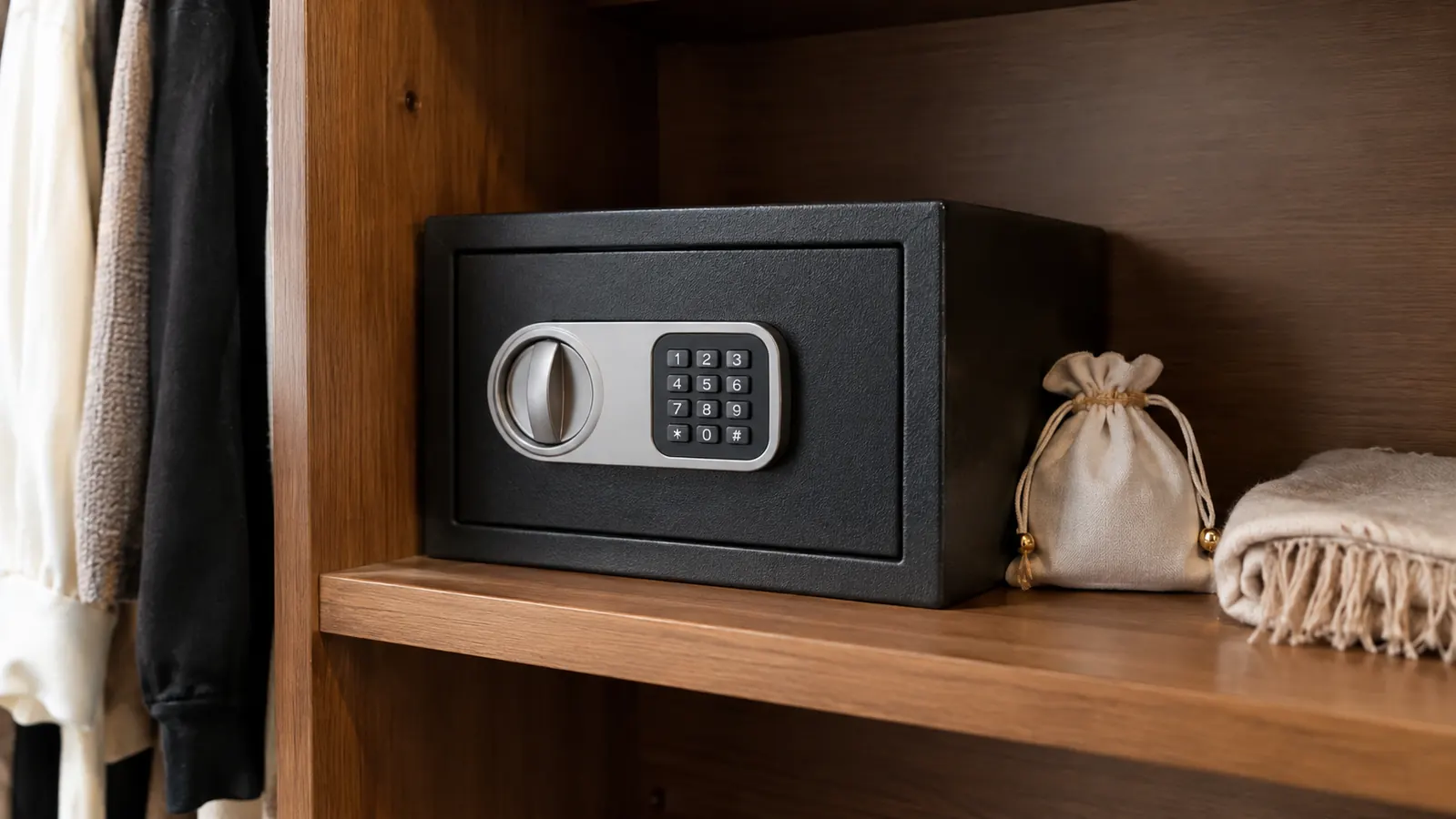 A small safe on a bedroom closet shelf with a fabric jewelry pouch beside it