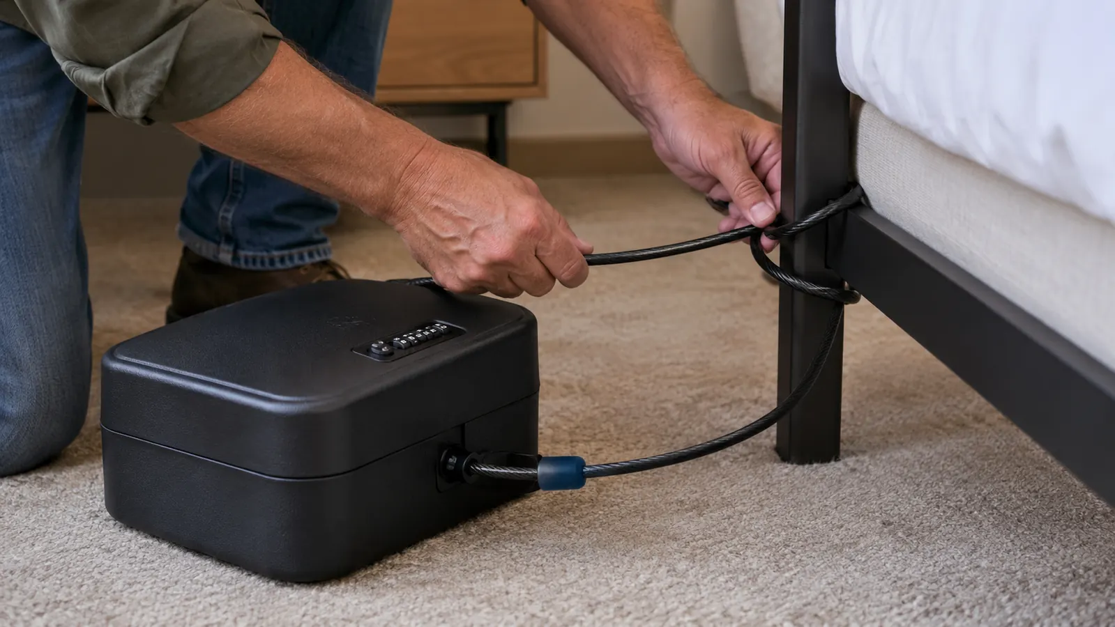 A hand threading the cable of a small travel safe around the frame of a hotel bed
