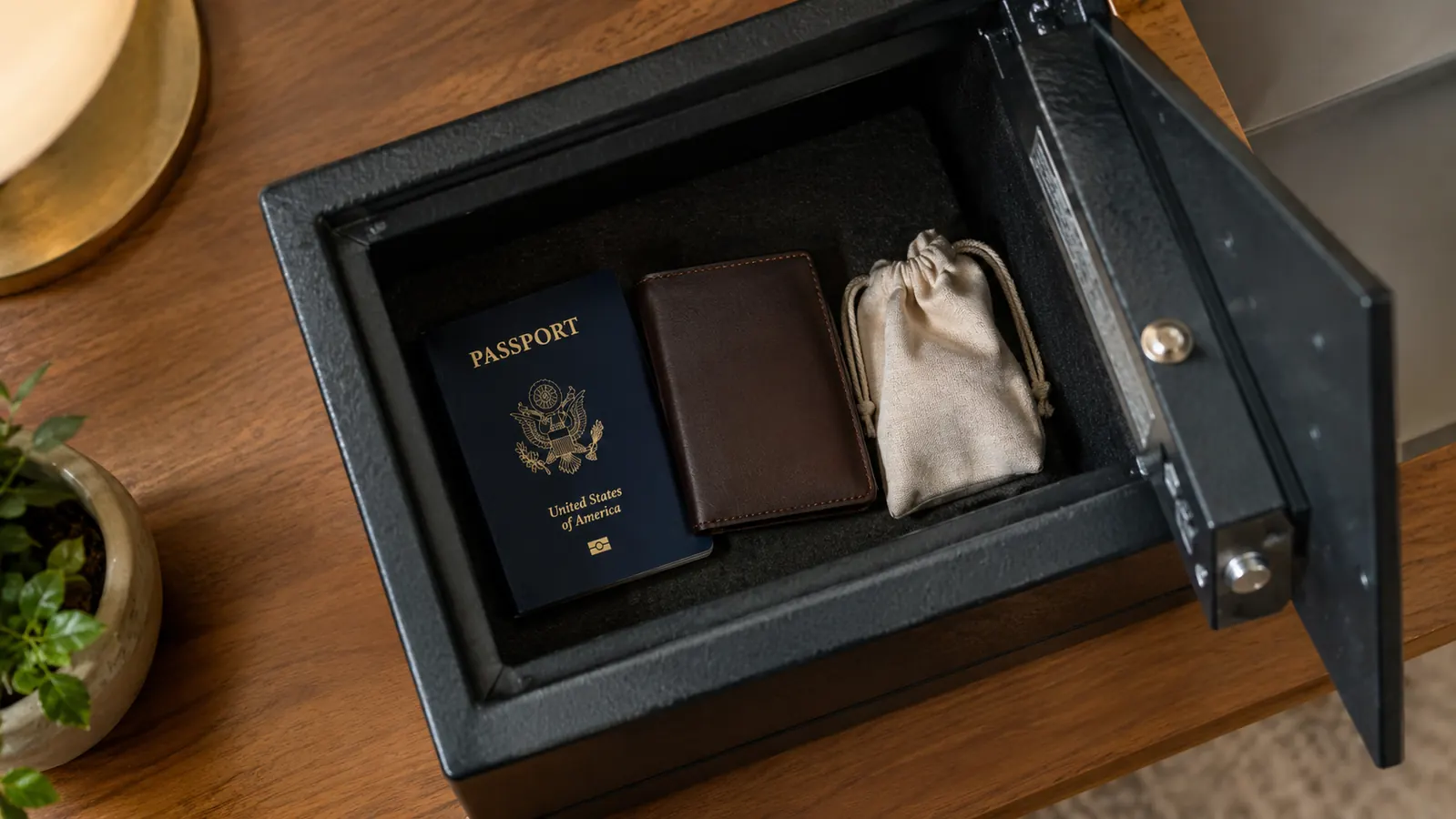 A small travel safe with its combination dial open, showing a passport, a wallet, and a jewelry pouch inside