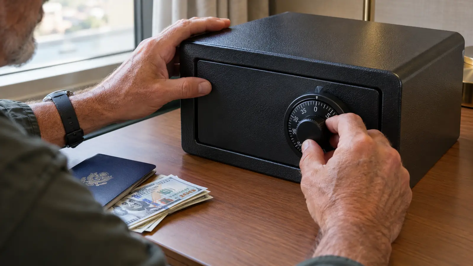 a hand turning the combination dial on the travel safe resting on a hotel desk