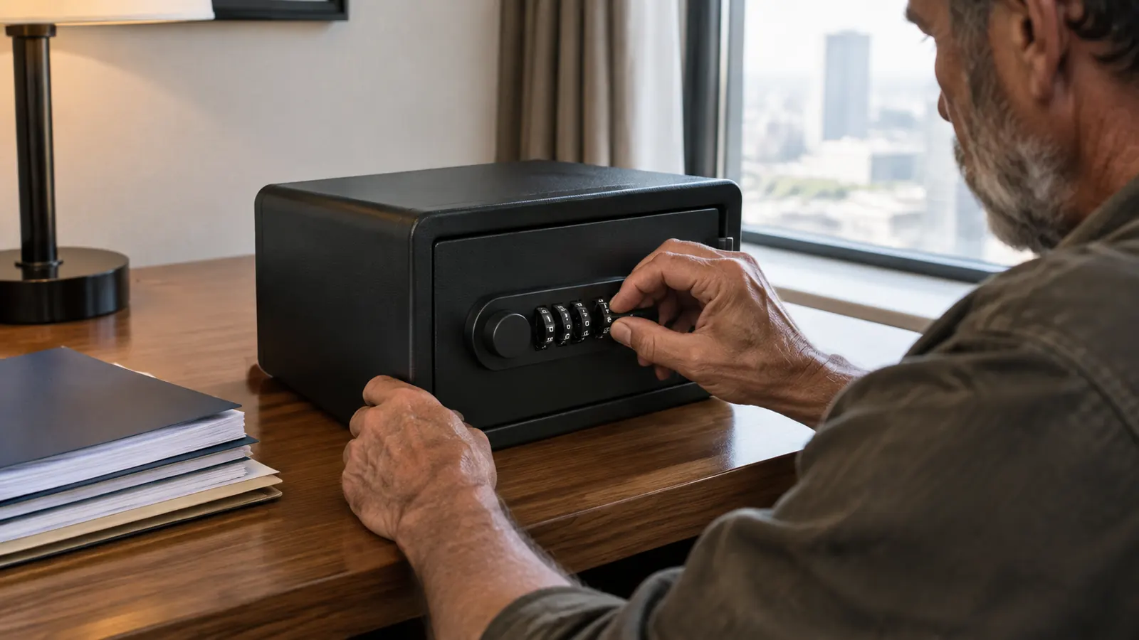 A hand setting the combination dials on a small travel safe on a hotel desk