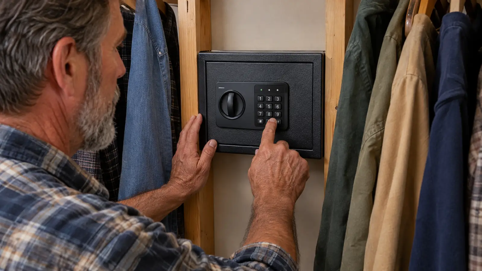 A person's hands entering a keypad code on a small safe mounted inside a closet wall