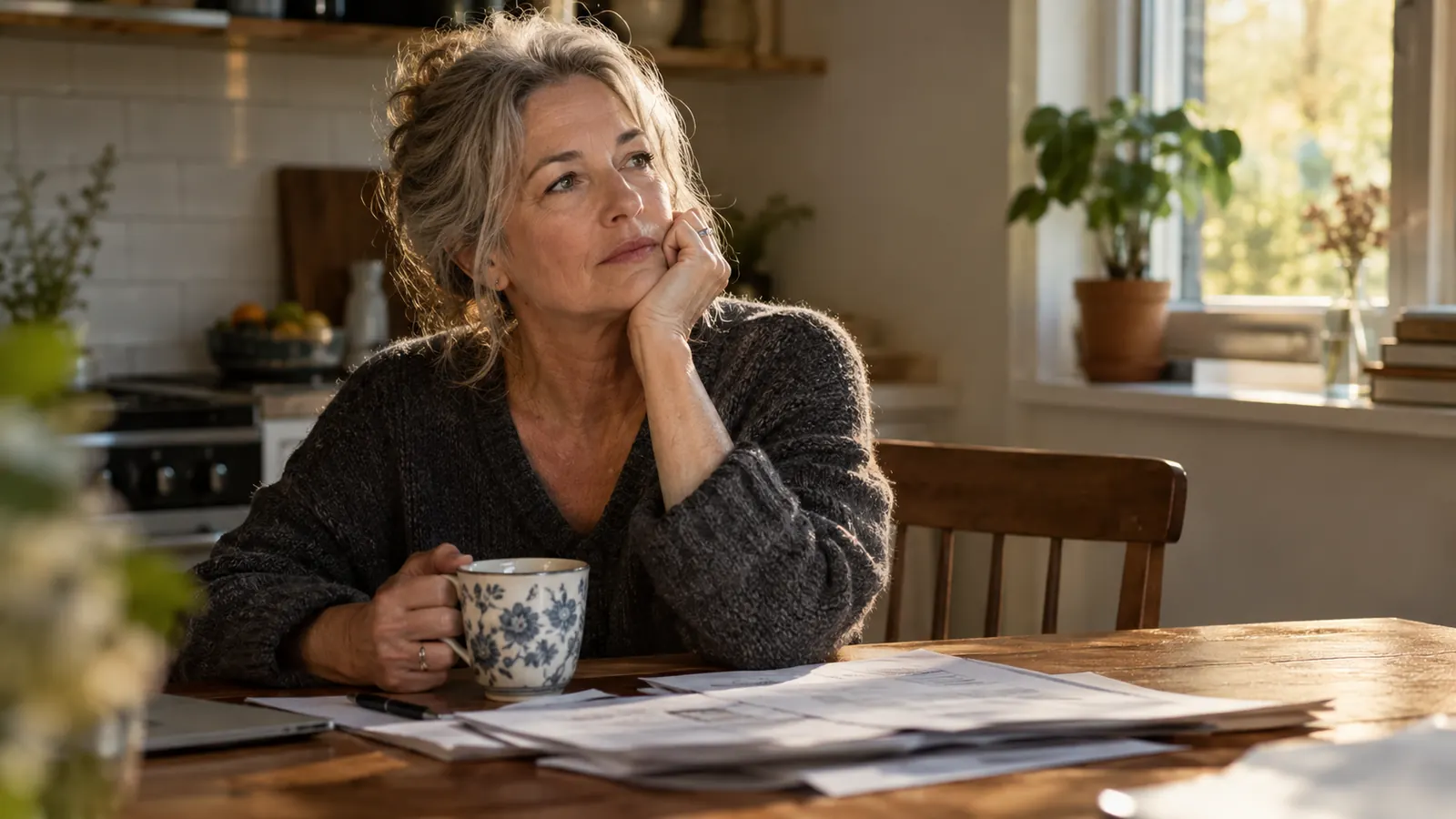 A woman sitting at a kitchen table reading insurance papers with a cup of coffee