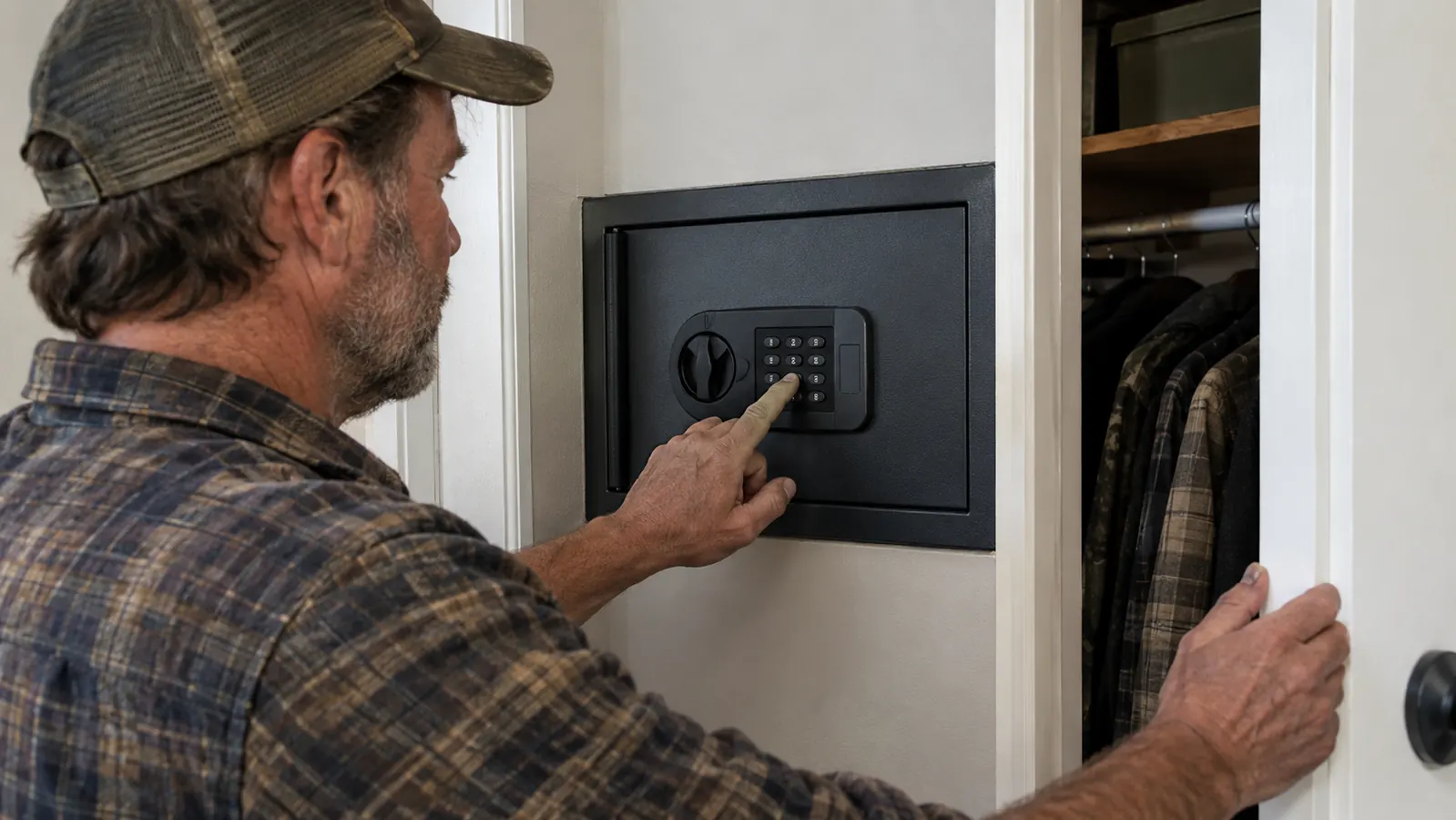 A hand entering a code on the keypad of an in-wall safe mounted in a closet wall