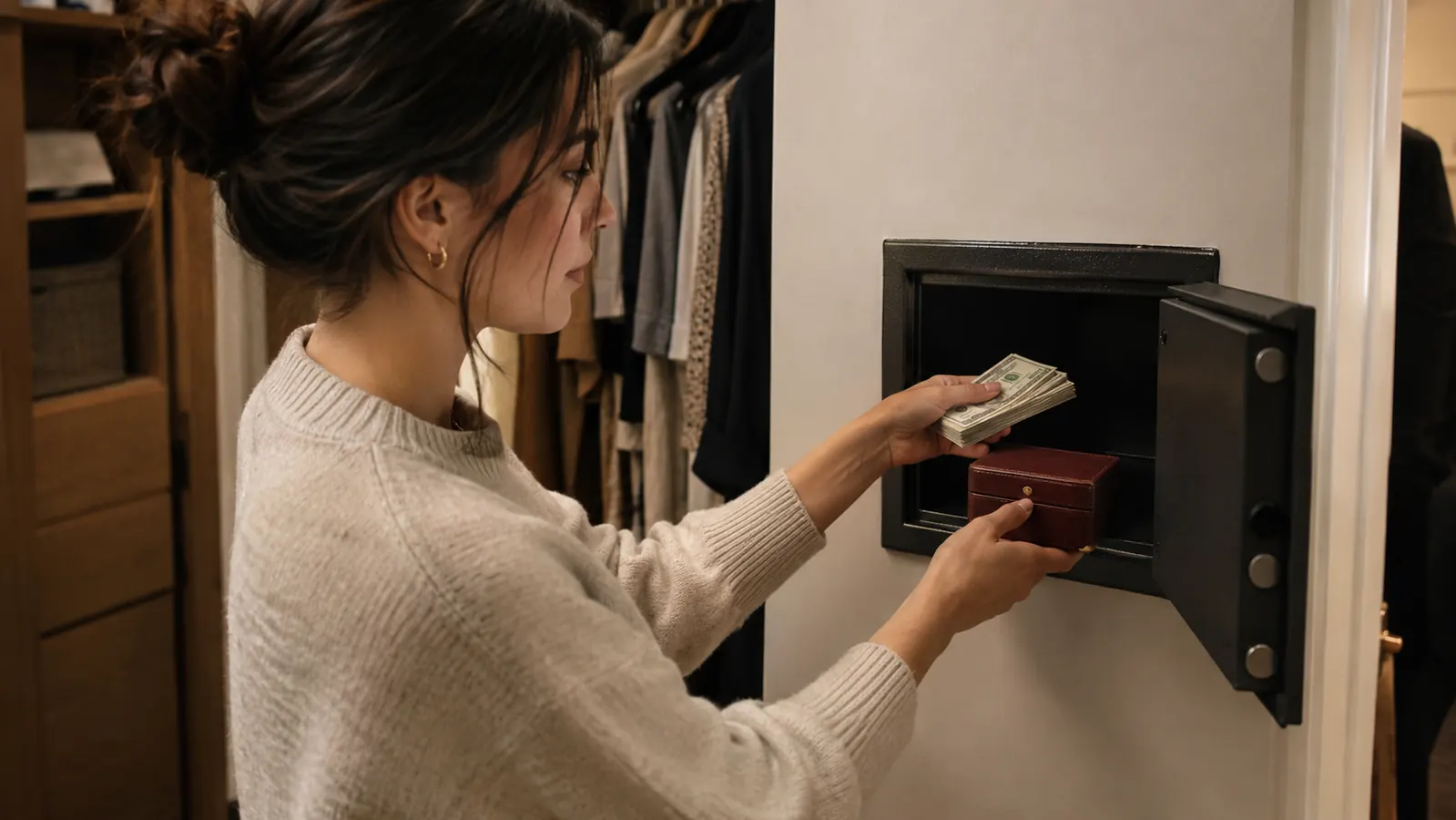 A woman placing a small stack of cash and a jewelry box into an open in-wall safe mounted in a closet wall
