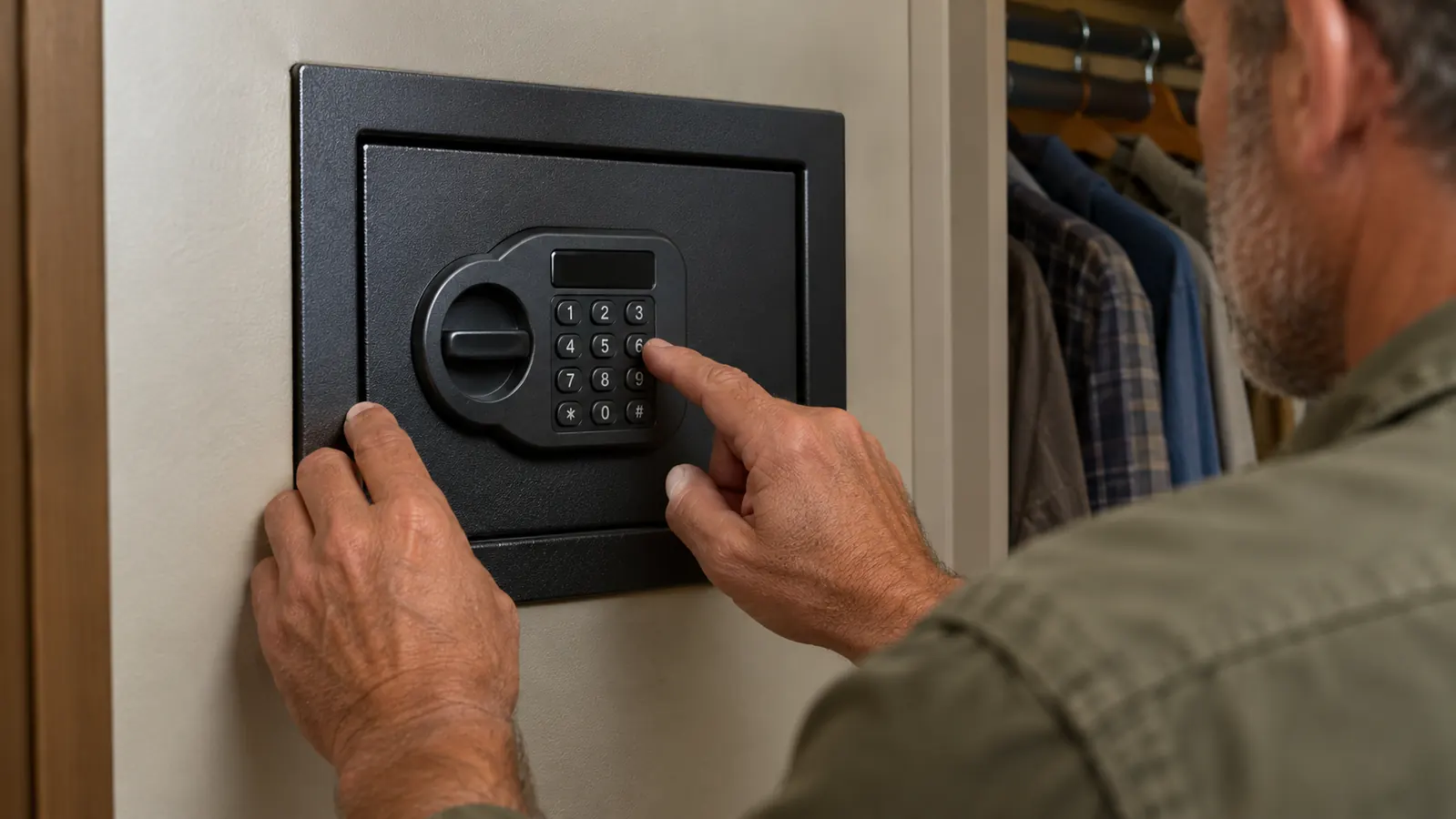 A person's hands entering a code on the keypad of an in-wall safe mounted inside a closet wall