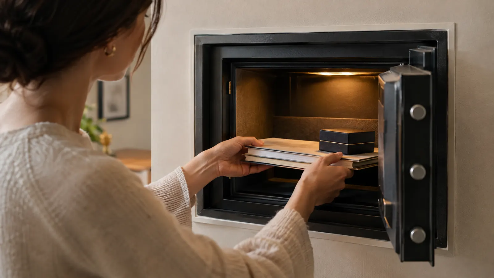 A person placing a small stack of documents and a jewelry box into an open in-wall safe
