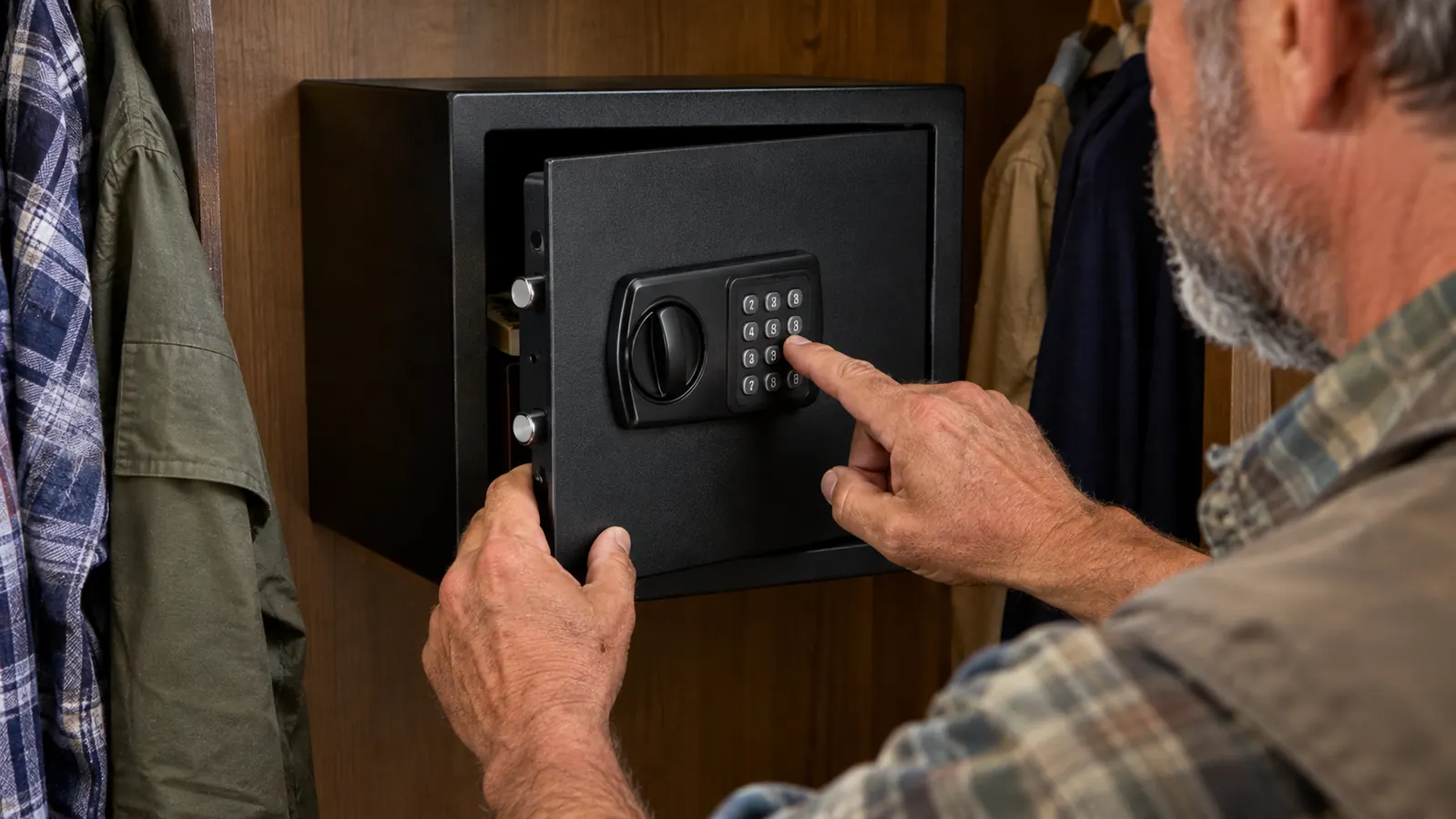 A hand entering a code on the keypad of a wall-mounted safe inside a closet