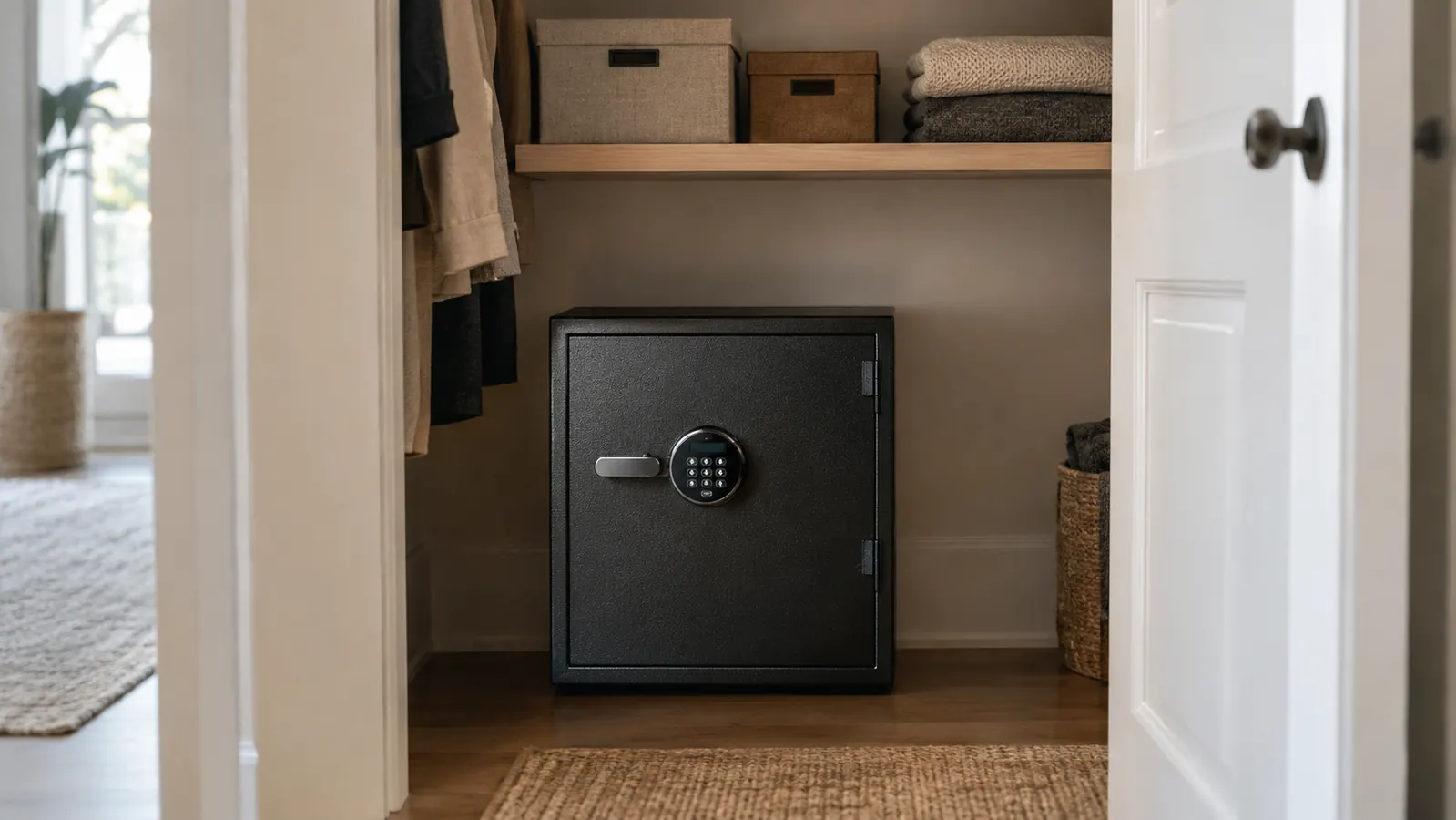A home hall closet with a compact freestanding safe on the floor and storage boxes on the shelf above