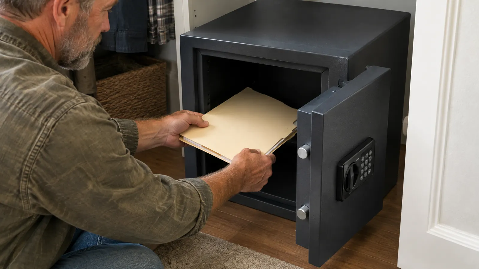 A person placing a folder of documents into an open fireproof safe on a closet floor