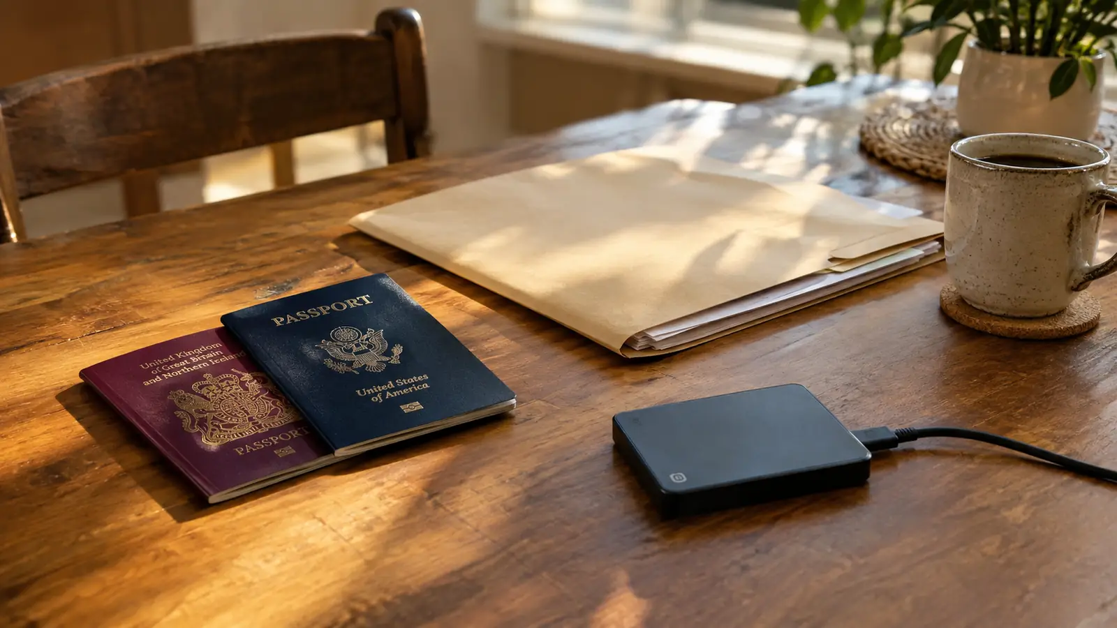 A kitchen table with passports, a folder of documents, and a backup drive laid out beside a cup of coffee
