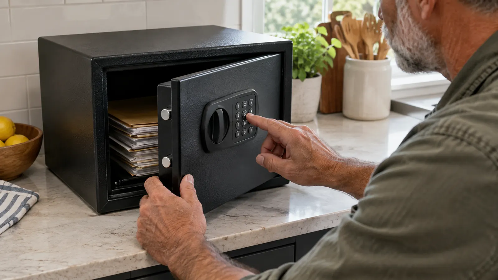 A person's hand opening the door of a metal safe with a digital keypad to reach a stack of documents inside