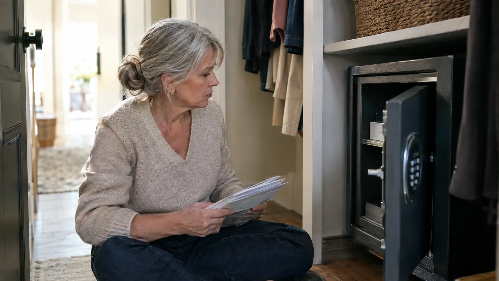 A woman sitting on the floor of a hallway closet, holding a stack of papers and looking at an open metal safe with a digital keypad