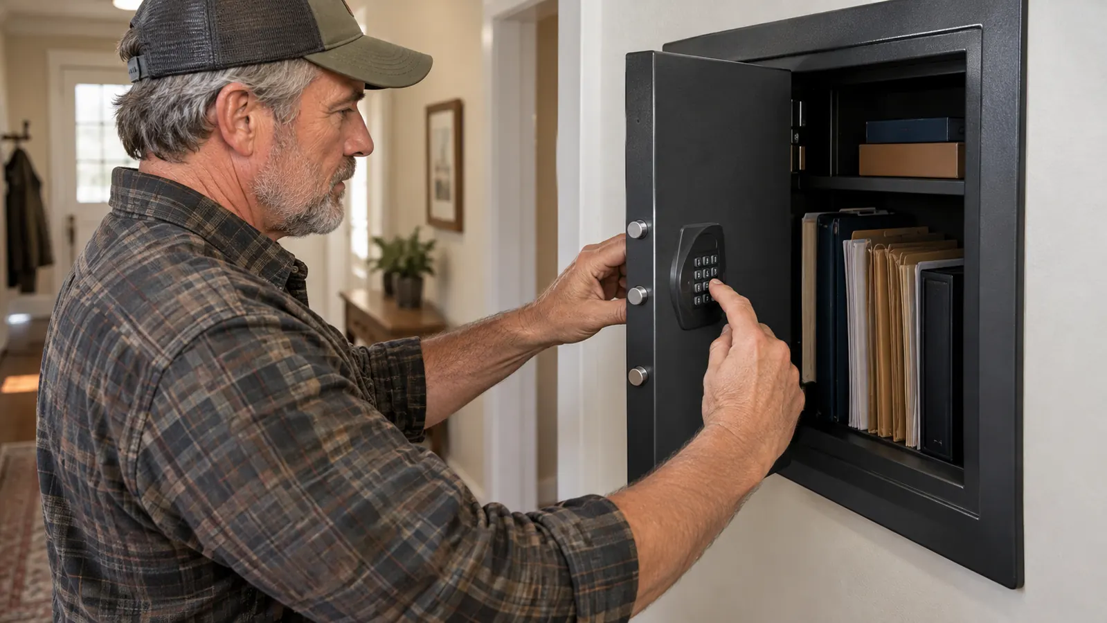 A hand opening the door of a fireproof safe with a digital keypad to reach folders and documents inside