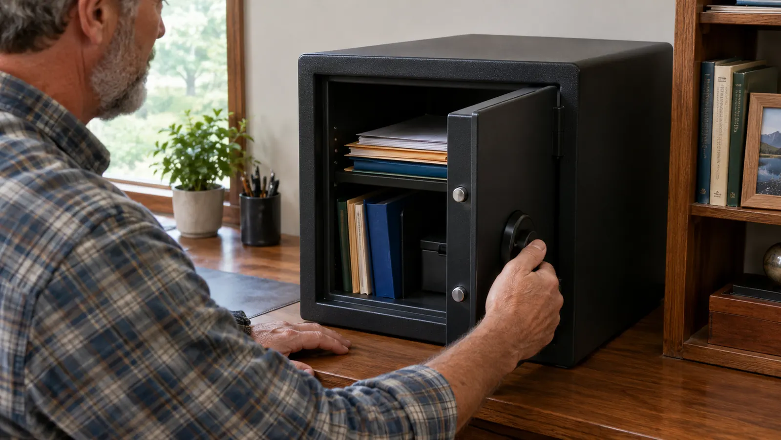 A hand opening the door of a fireproof safe to show papers and documents inside